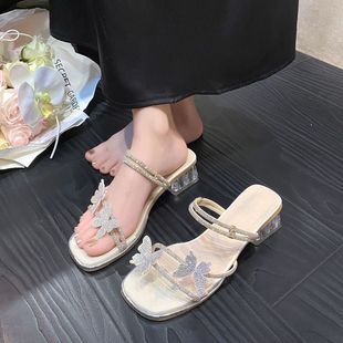 仙女風配裙子水晶高跟涼鞋 時尚 女夏外穿2025新款 透明水鉆粗跟拖鞋