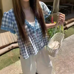 新款 女2025夏季 甜妹 襯衫 韓系甜美氣質系帶假兩件格子花邊短袖