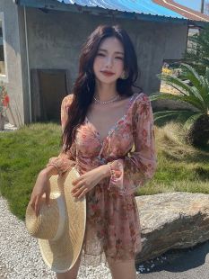 泡溫泉泳裝 粉玫瑰高級感長袖 鋼托聚龍大碼 韓國胖mm泳衣女連體裙式
