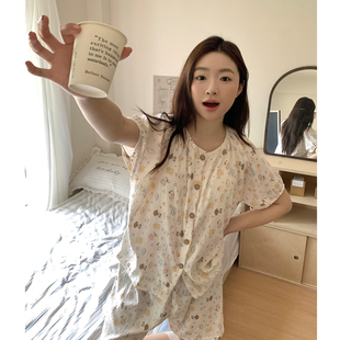 長褲 短袖 三件套少女可外穿家居服 夏季 ins可愛小狗帶胸墊睡衣女款