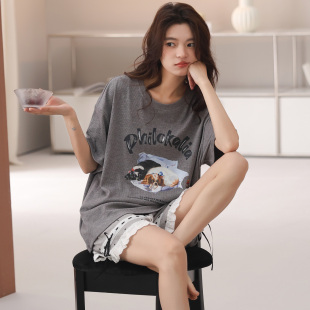 薄款 短褲 帶胸罩家居服莫代爾螺紋彩棉 兩件套夏款 卡通學生睡衣短袖