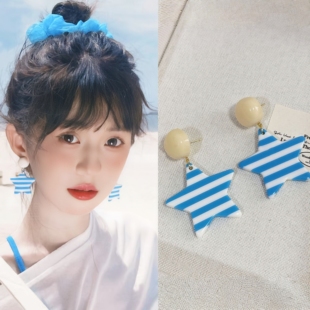 旅游度假藍色條紋星星耳環耳飾耳釘耳夾耳墜飾品2025新款 女潮流