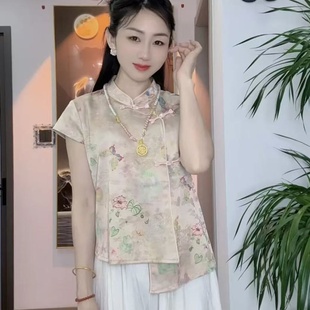 復古斜襟短袖 小衫 襯衫 爆款 氣質設計感獨特上衣 女夏2025新款 新中式