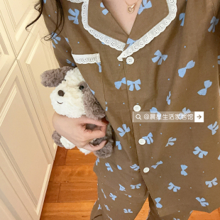 純棉套裝 咖色蝴蝶 家居服睡褲 長褲 A類純棉紗 少女睡衣翻領花邊長袖