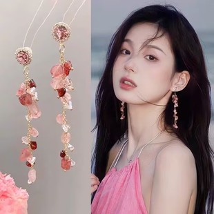 粉色流蘇耳環(huán)女海邊氣質長款 耳夾無耳洞夸張耳釘純手工耳飾耳墜