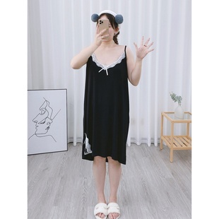 吊帶裙開叉拼接V領減齡睡衣 甜美蕾絲花邊睡裙女特大碼 300斤夏款