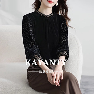 KAYANTY復古黑色真絲絲絨上衣九分袖 桑蠶絲提花媽媽氣質洋氣春秋