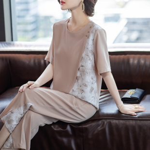 t恤衫 年輕媽媽夏裝 中老年人短袖 雪紡休閑洋氣40歲套裝 女 2025新款