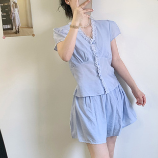 小個子休閑短褲 櫻桃小姐花邊短袖 2025年新款 女夏季 兩件套 上衣套裝