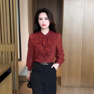 立領(lǐng)百搭小衫 減齡長(zhǎng)袖 女2025春夏新款 洋氣碎花木耳邊領(lǐng)結(jié)雪紡襯衫