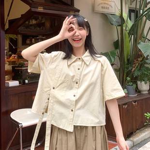 日系氣質小衫 短款 不規(guī)則短袖 女夏款 小個子甜美上衣 襯衫 小雨良品