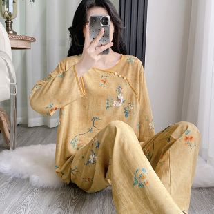 薄款 棉綢新中式 兩件套可外穿家居服 國風(fēng)復(fù)古女士睡衣長袖 2025新款