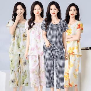 短袖 薄款 七分褲 中年媽媽夏裝 棉綢睡衣女款 萊賽爾家居服套裝 夏季
