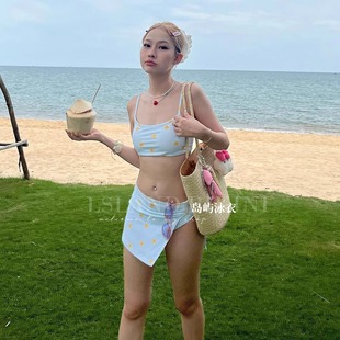 泰式 比基尼三件套 小眾夏日小雛菊簡約露背泳衣女微胖遮肉分體裙式