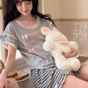 新款 家居服套裝 純棉睡衣女款 短褲 可外穿 甜美蝴蝶結花邊條紋袖 夏季