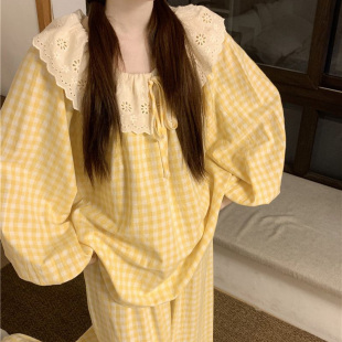 家居服套裝 韓版 純棉甜美花邊格子休閑大碼 長袖 ins風睡衣女春秋季
