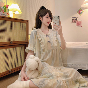 胖MM300斤花邊甜美長款 夏季 大碼 純棉紗布薄款 孕婦睡衣 睡裙女短袖
