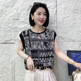 女夏洋氣T恤百搭背心上衣 2025時尚 圓領雪紡印花設計感無袖 小衫