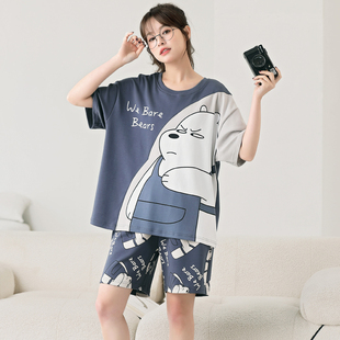 純棉短袖 套裝 大碼 休閑薄款 可愛卡通少女學生家居服夏季 睡衣女夏款