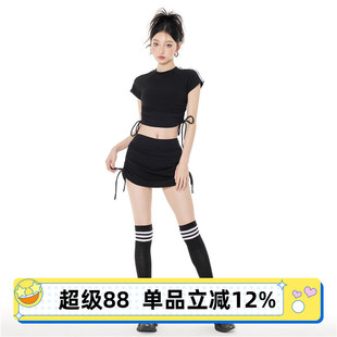 蘇拉娜公主分體泳衣女保守顯瘦遮肚裙式 運動黑色泡溫泉游泳衣 短袖