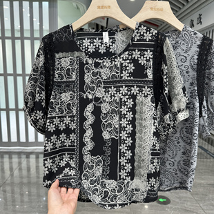 蕾絲拼接雪紡襯衫 圓領(lǐng)短袖 夏裝 新款 中老年上衣 時尚 減齡小衫 媽媽裝