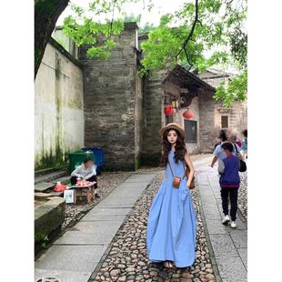 慵懶海邊度假風寬松背心裙大裙擺長裙子 連衣裙女夏季 法式 藍色無袖
