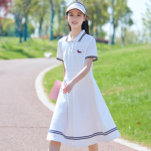 初中生少女連衣裙夏季 A字裙大童女學生polo翻領裙子學院風中長款