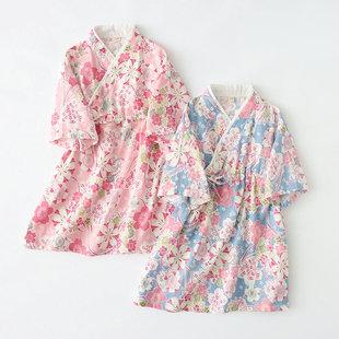 春夏純棉紗布女童長短袖 和風櫻花兒童女孩漢服睡衣汗蒸服 睡裙日式