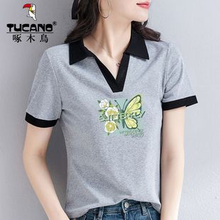 新款 翻領上衣夏季 短袖 t恤女2024年通勤休閑個性 polo衫 啄木鳥正品