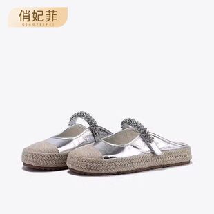 輕便板鞋 胖東來俏妃菲 女銀色瑪麗珍鞋 夏麻繩編織半包拖鞋 子 2025