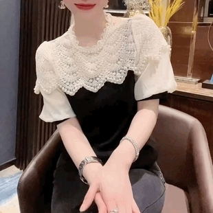 設計感小眾氣質小衫 女蕾絲拼接雪紡衫 上衣女 釘珠小香風T恤衫 短袖