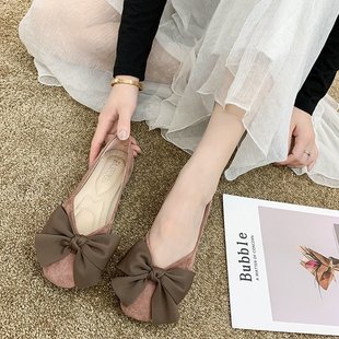黑色工作鞋 平底方頭單鞋 女踩屎感舒適淺口大蝴蝶結(jié)甜美軟底豆豆鞋