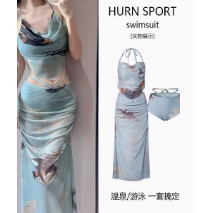 高級感比基尼三件套泳衣女夏遮肚顯瘦長裙純欲風(fēng)少女度假分體泳裝