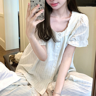 微胖mm甜美宮廷風公主條紋蕾絲花邊家居服睡衣套裝 200斤大碼 女裝