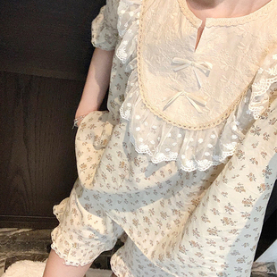 家居服套裝 大碼 少女碎花短袖 胖mm甜美蕾絲花邊雙層紗睡衣夏季 女裝