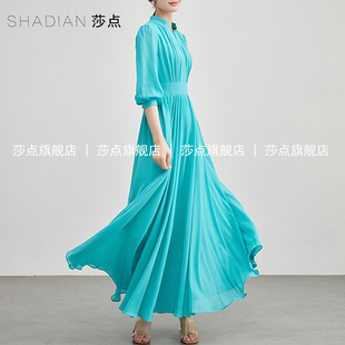 2025新款 綠色雪紡薄紗連衣裙女夏氣質(zhì)海邊度假長(zhǎng)裙大擺沙灘裙 法式