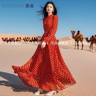 度假風減齡長款 新款 復古大擺裙長裙 名媛紅色波點連衣裙女春季 法式