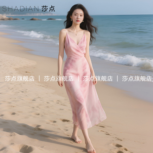 粉色暈染薄紗吊帶連衣裙女夏度假風(fēng)無袖 V領(lǐng)沙灘裙大擺長裙高級感