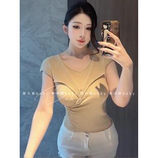 顯瘦純欲翻領(lǐng)小衫 上衣女夏修身 針織衫 純欲百搭氣質(zhì)假兩件收腰短袖