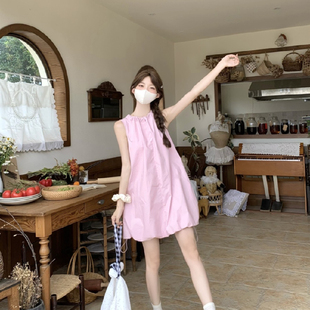 溫柔風減齡設計感粉色系帶連衣裙女2025新款 減齡純色花苞裙短裙潮