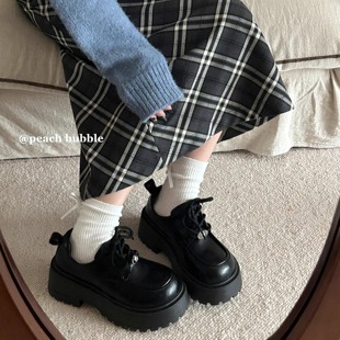 黑色增高百搭單鞋 春季 女2025新款 甜桃泡泡英倫風復古厚底小皮鞋