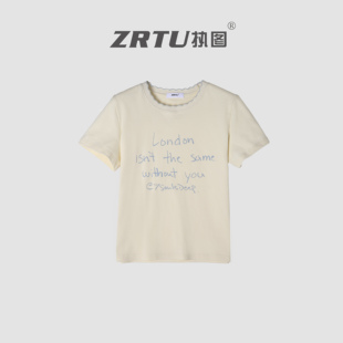 T恤字母印花上衣 夏季 ZRTU 執圖女花邊圓領短袖