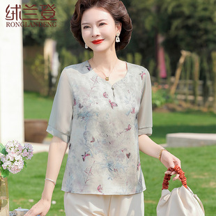 仿真絲t恤衫 媽媽夏裝 夏季 雪紡襯衣母親節(jié)上衣高貴中老年女裝 短袖