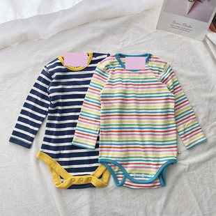 三角爬衣寶寶爬服哈衣 3歲英單男女嬰童春秋彩虹有機棉條紋長袖