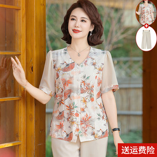 2025新款 中年媽媽夏裝 母親節(jié)印花雪紡小衫 T恤中老年女裝 上衣 短袖