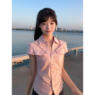 修身 韓系polo領(lǐng)掐腰粉色短袖 2025新款 女夏季 顯瘦正肩甜辣上衣 襯衫