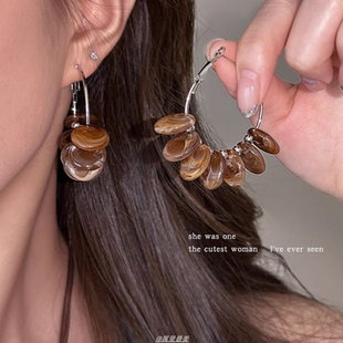 復古暈染樹脂串珠耳環女度假風耳圈2025新款 高級感耳釘耳墜耳飾品