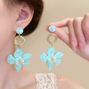 夏日藍(lán)色醋酸花朵流蘇耳環(huán)女高級(jí)感海邊度假風(fēng)氣質(zhì)耳釘夸張耳飾品