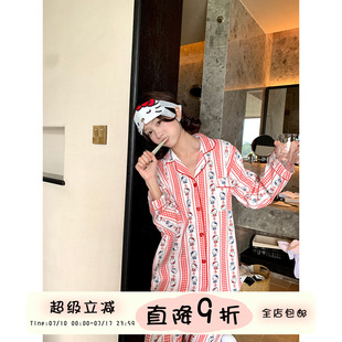 馨幫幫Homedress 舒適親膚外穿家居服 甜美紅格紋卡通貓睡衣女春季