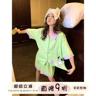 舒適兩件套家居服 薄款 馨幫幫Homedress 卡通斑點狗格子睡衣女夏季